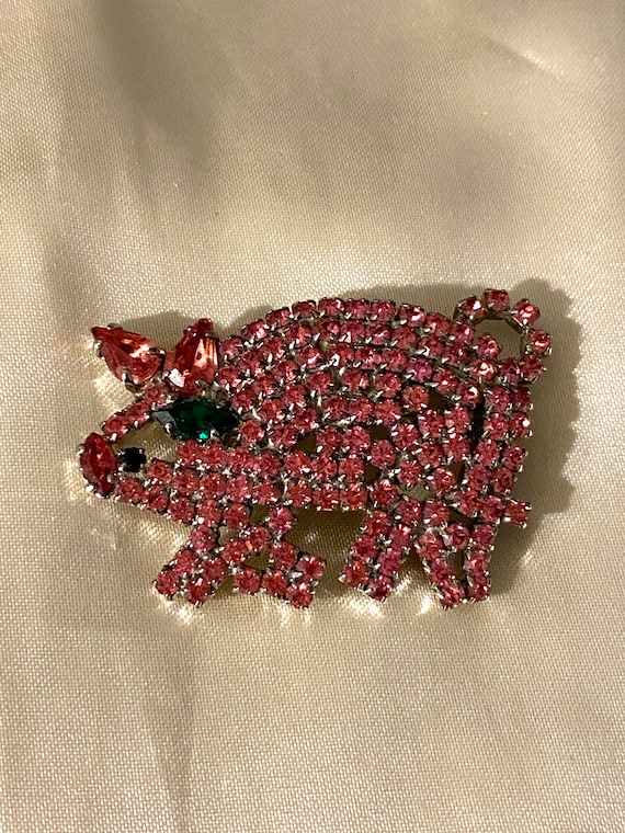 Vintage Rhinestone Pink Pig Pin Brooch