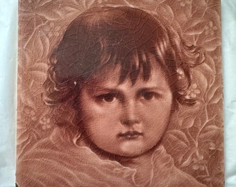Victorian Majolica Fireplace Tile Young Child Portrait A.E Tile Co