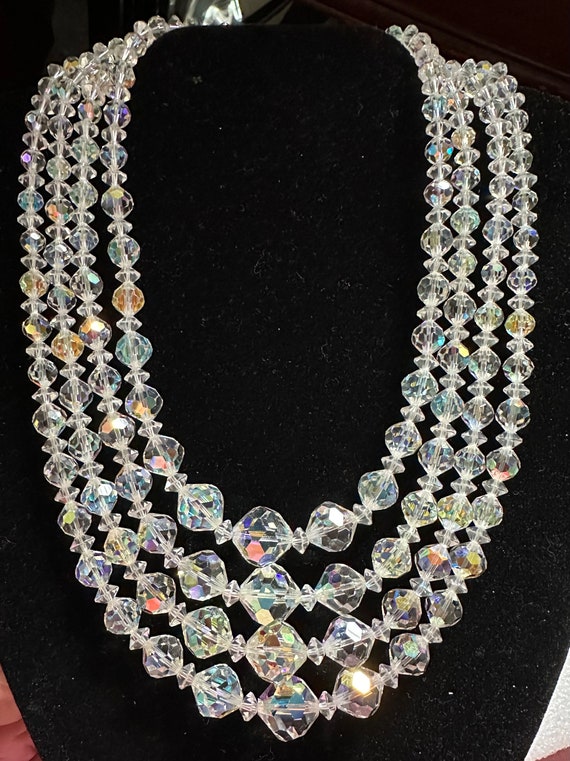 Vintage 4 Strand AB Crystal Bead Necklace