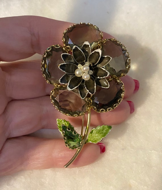 Vintage Juliana Flower Pin Smokey Topaz - image 3