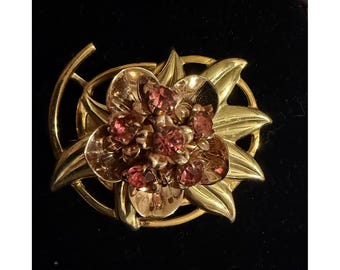 Art Deco Gold Wash Sterling Silver Flower Pin Pink Stones