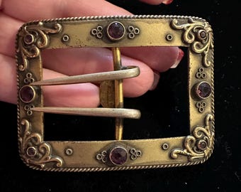 Victorian Gilted Brass Belt Buckle W/ Amethyst Paste Stones  display picture 2