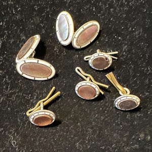 Art Deco 6 tlg Manschettenknöpfe Stud Set Silber Emaille Perlmutt