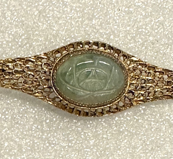 Vintage Chinese Gold Gilt Filigree & Jade Pin - image 2