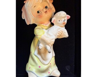Vintage Norleans Little Girl w/ Lamb Figurine 6.5" Foil Label