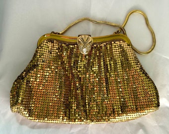 Vintage Whiting & Davis Gold Mesh Abendtasche Geldbörse mit juwelenbesetztem Verschluss