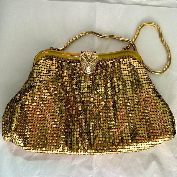 Vintage Whiting & Davis Gold Mesh Evening Bag Purse w/ Jeweled Clasp