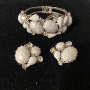 Vintage Juliana Clamper Bracelet & Earring Set Silver Tone w/ White Stones