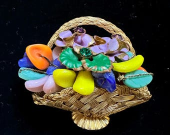 Vintage Flower Basket Brooch Woven Wire & Molded Glass Beads