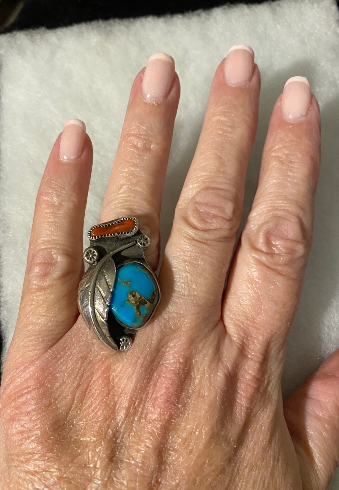 Vintage Navajo Sterling Silver Turquoise & Coral Ring Sz 6 - Etsy