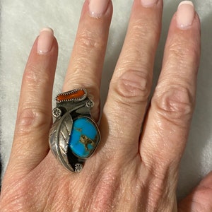 Vintage Navajo Sterling Silver Turquoise & Coral Ring Sz 6