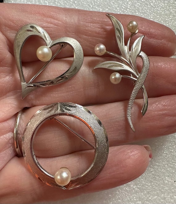 3 pc Brooch Lot Sterling Silver & Cultured Pearl … - image 4