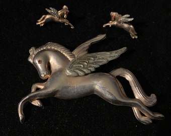 1940’s Pegasus Flying Horse Pin & Earrings