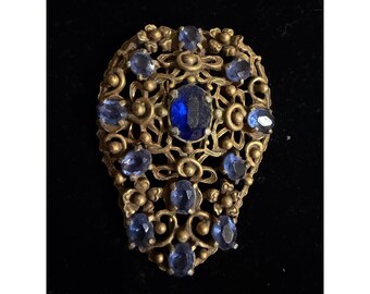1940's Dress Clip Brooch Gold w/ Blue Stones