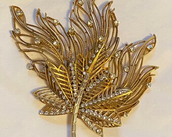 Barrera Large Leaf Brooch Pin Clear Crystal  Gold Tone  4”