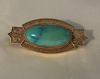 Antique 14k Gold Filigree Brooch with Turquoise Stone