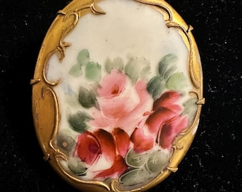 Antique Victorian Hand Painted Porcelain Brooch Roses 2.5”