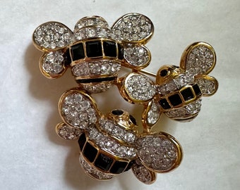 Swarovski Triple BumbleBee Pin Gold Tone Black & Clear Crystal
