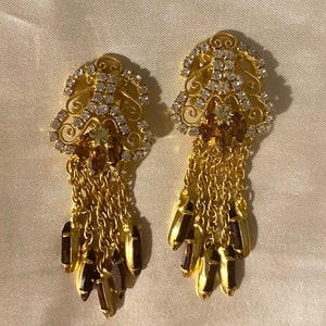 Vintage Juliana Earrings Gold Tone Scroll Work Amber Rhinestone Fringe