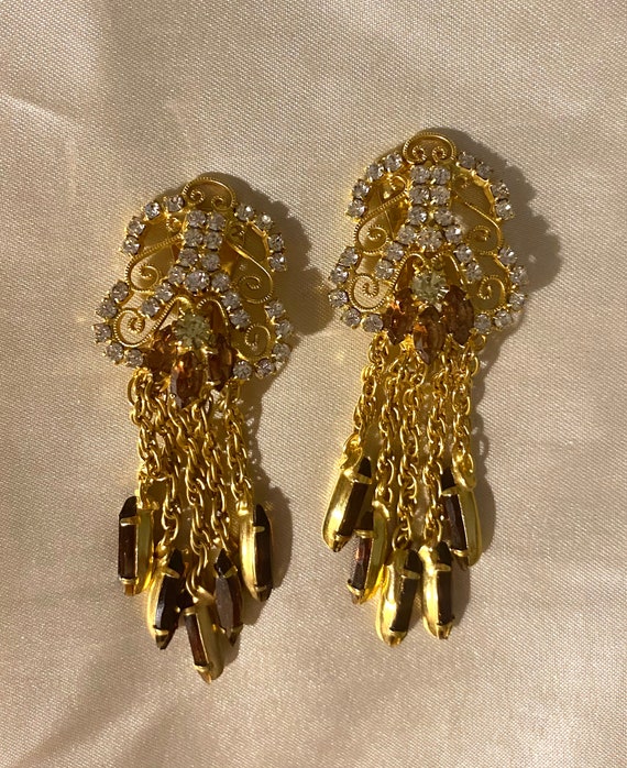 Vintage Juliana Earrings Gold Tone Scroll Work Am… - image 1
