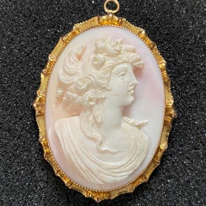 Victorian Angel Skin Coral High Relief Cameo 10k Gold Brooch Pendant 2”