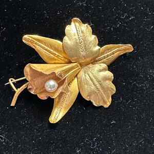 14k Gold Orchid & Pearl Pin Brooch 2.5”