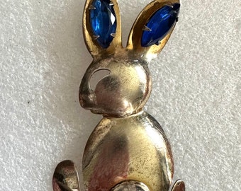 Vintage Sterling Silver Bunny Rabbit Pin w/ Blue Rhinestones