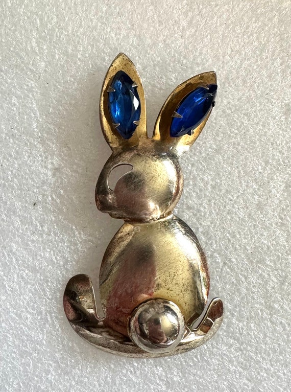 Vintage Sterling Silver Bunny Rabbit Pin w/ Blue R