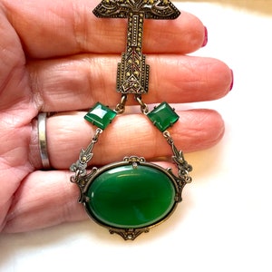 Art Deco Sterling Silver Marcasite & Chrysoprase pin