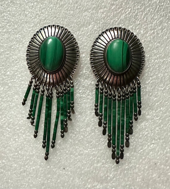 Amazing Vintage Native American Navajo Malachite Sterling Silver Concho Earrings Amazing Vintage Native American Navajo Malachite Sterling Silver Concho Earrings