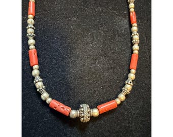 Boho Sterling Silver and Coral Bead Necklace 18"