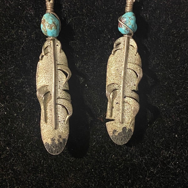 Navajo Ernest Rangel Sterling & Turquoise Feather Dangle Boucles d’oreilles
