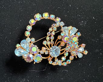 Vintage Made in Austria Blue Crystal Rhinestone Brooch 3-D Design