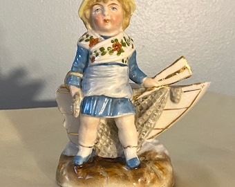 Victorian Porcelain Figural Match Strike Holder Girl Boat Fishing
