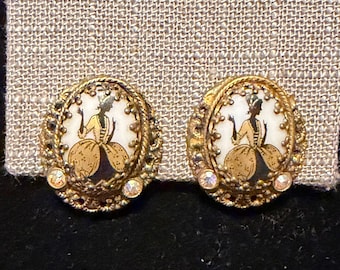 West Germany Glass Victorian Woman Cameo Clip on Earrings