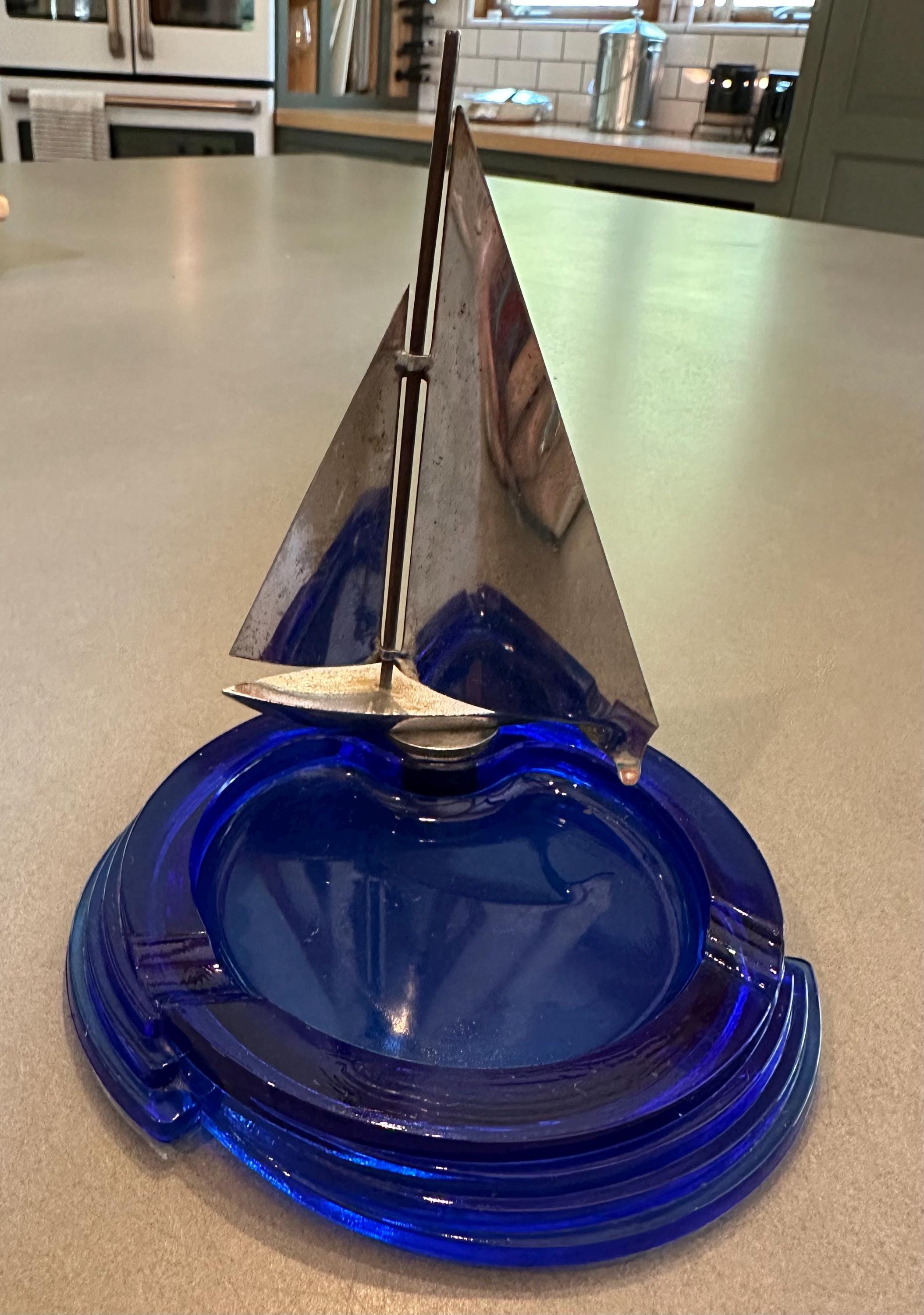 Art Deco Hazel Atlas Cobalt Blue Glass Ashtray W/ Chrome Sailboat