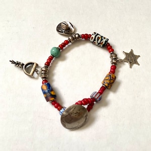 Vintage Southwestern Bracelet glass Beads, Sterling Charms & Buffalo Nickel Clasp