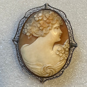 Victorian Brooch Carved Shell Cameo in Sterling Silver Frame 2”