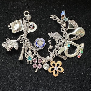 Può includere: Un braccialetto con ciondoli d'argento con vari ciondoli, tra cui una cinepresa in miniatura, un faro, un angelo, un quadrifoglio e un fiore. Altri ciondoli includono un pallone da calcio e un razzo.