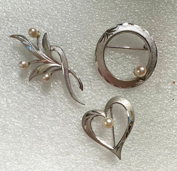 3 pc Brooch Lot Sterling Silver & Cultured Pearl … - image 1