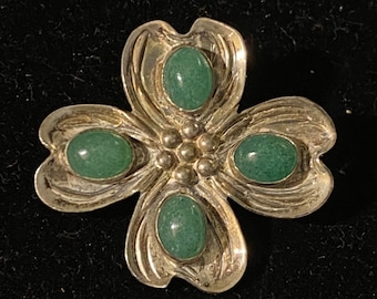 Vintage Sterling Dogwood Flower Pin Set W/ Jade