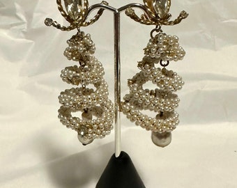 Hattie Carnegie Wired Seed Pearl Dangle Chandelier Earrings