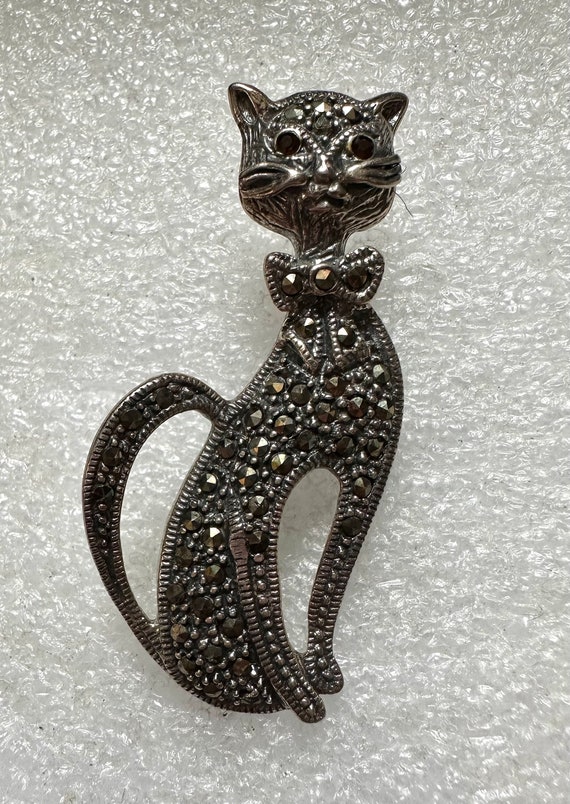 Sterling Silver & Marcasite Cat Pin Mid Century Mo