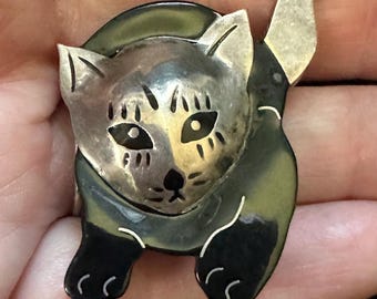 Vintage Mexico Sterling Silver & Black Onyx Cat Kitten Pin
