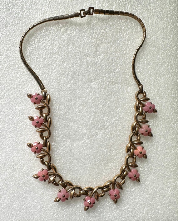 Trifari Pink Flower Necklace Gold Tone Vintage