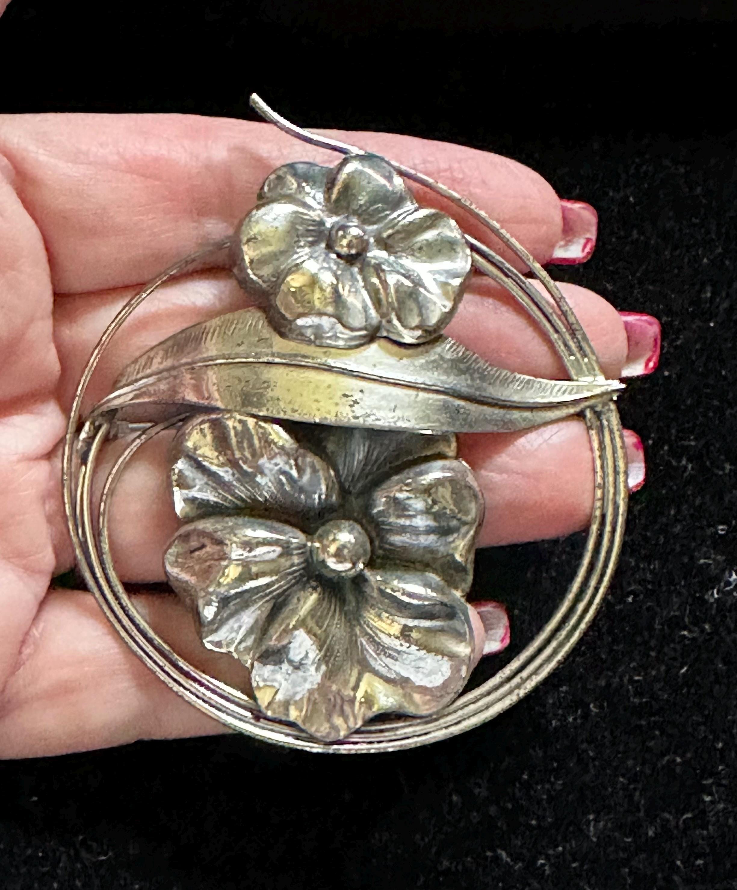 Broche Ancienne Art Déco En Argent Massif 925 – Motif Fleurs Noir
