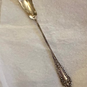 May include: A silver serving spoon with an ornate handle. The spoon has a rounded bowl and a long, slender handle with a decorative design.