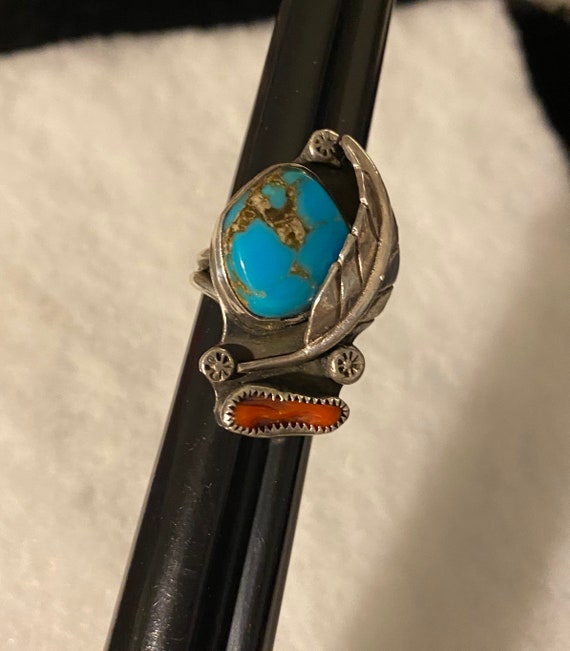 Vintage Navajo Sterling Turquoise & Coral Ring Sz… - image 6