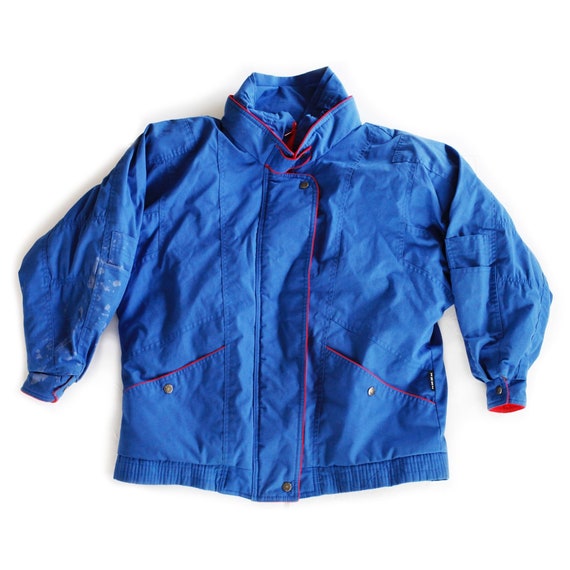 Vintage 80s Izzi Blue Red Mock Neck Coat / Jacket… - image 1