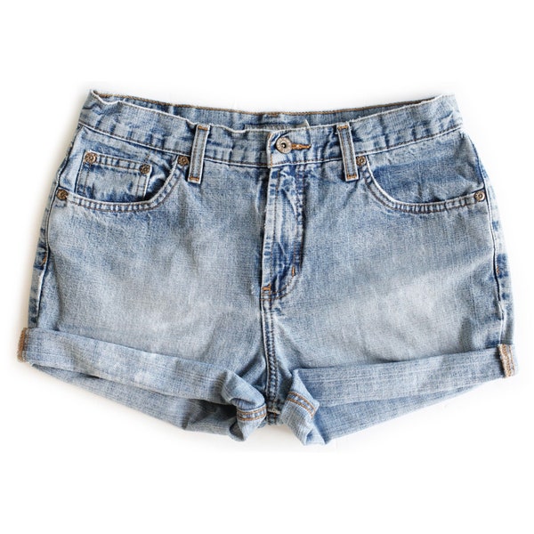 Vintage 90s Light Blue Wash High Waisted Rise Cuffed Rolled Denim Jean Shorts - 28